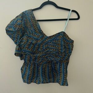 Blue and Brown One-Shoulder Women's Top